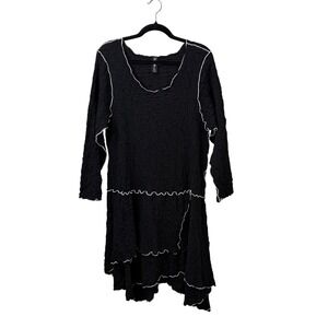 NOBLU Womens XL Black Pucker Fabric Boho Dress Lagenlook Eclectic Art to Wear